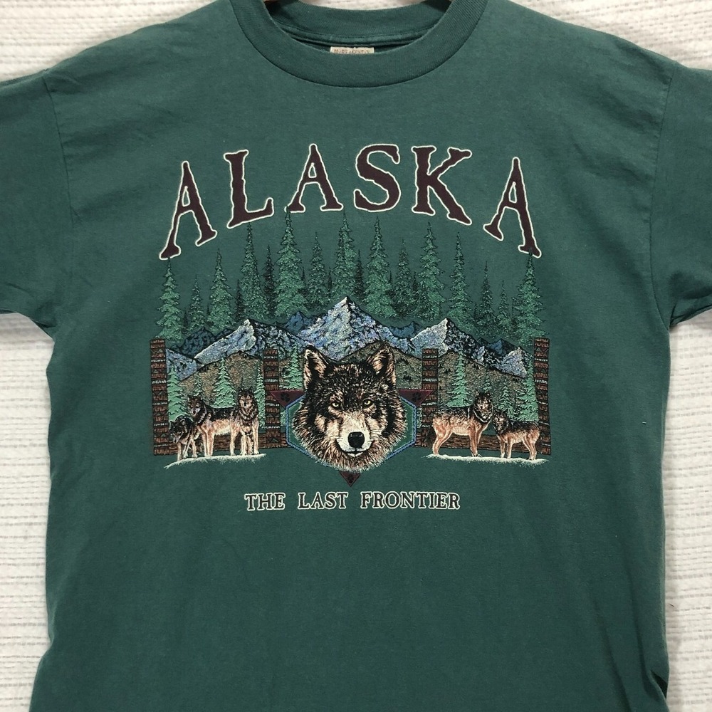 Vintage‎ Prairie Mountain Alaska Wolf Graphic T-Shirt Green Mens Large USA Made